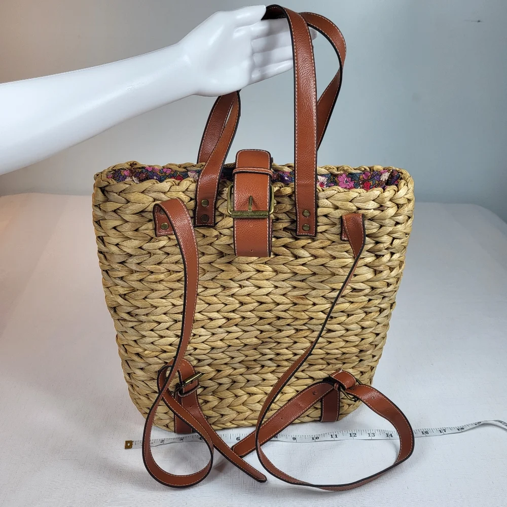 Natural Life Straw Backpack Tote BAG Floral Lined Water Hyacinth Woven Boho NWT